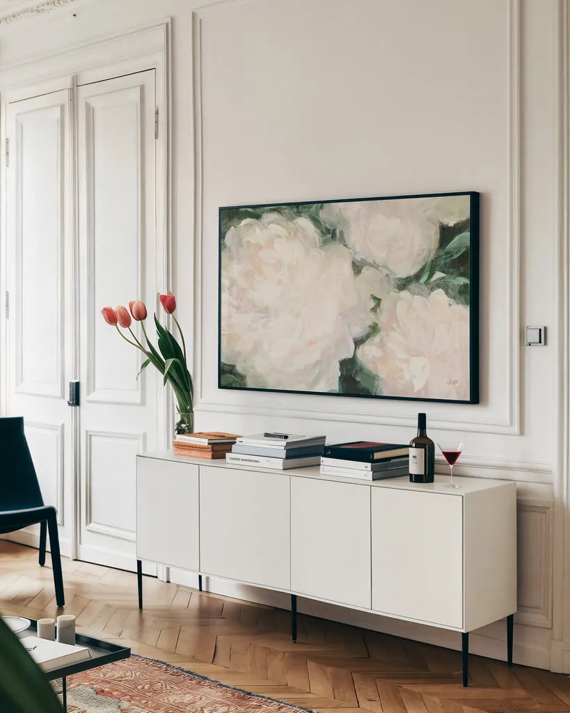 Blushing Summer II Crop by Julia Purinton. shown as a framed stretched canvas in a living room above a console. Available as a archival giclee rolled canvas, fine art paper, or poster print. SKU 51901i.