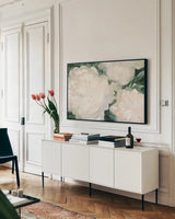 Blushing Summer II Crop by Julia Purinton. shown as a framed stretched canvas in a living room above a console. Available as a archival giclee rolled canvas, fine art paper, or poster print. SKU 51901i.