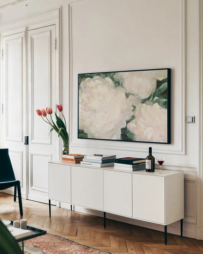 Blushing Summer II Crop by Julia Purinton. shown as a framed stretched canvas in a living room above a console. Available as a archival giclee rolled canvas, fine art paper, or poster print. SKU 51901i.