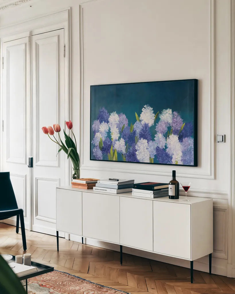 Bold Hyacinth by Julia Purinton. shown as a framed stretched canvas in a living room above a console. Available as a archival giclee rolled canvas, fine art paper, or poster print. SKU 78369i.
