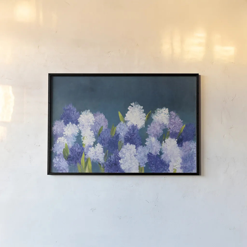 Bold Hyacinth by Julia Purinton. shown as a paper print in a black flame. Available as a archival giclee rolled canvas, fine art paper, or poster print. SKU 78369i.