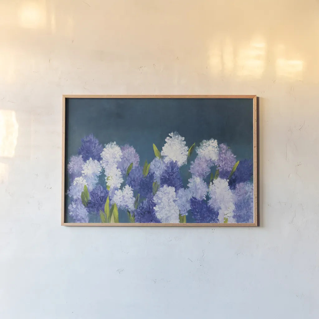 Bold Hyacinth by Julia Purinton. shown as a paper print in a natural frame. Available as a archival giclee rolled canvas, fine art paper, or poster print. SKU 78369i.