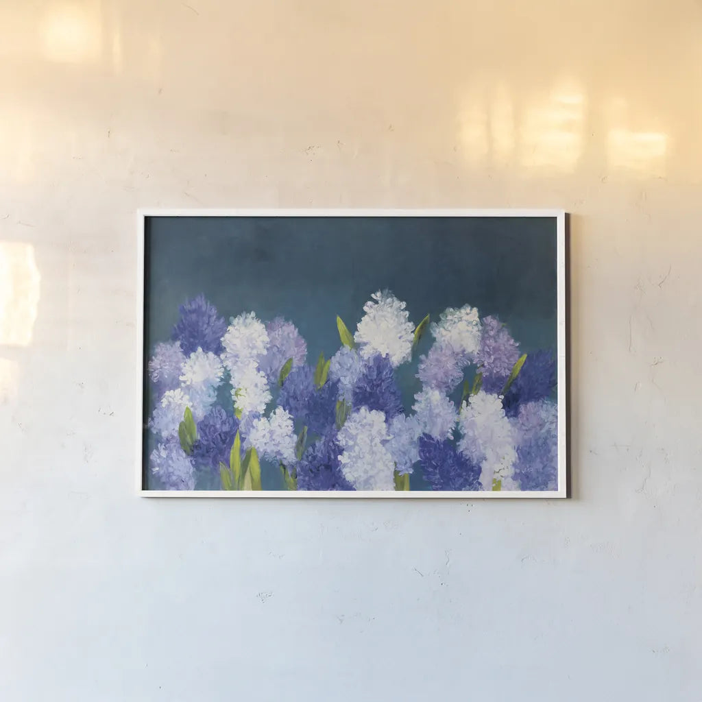 Bold Hyacinth by Julia Purinton. shown as a paper print in a white frame. Available as a archival giclee rolled canvas, fine art paper, or poster print. SKU 78369i.