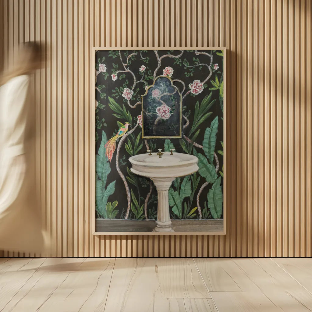 Botanical Bath I by Julia Purinton. shown as over sized large wall art. Available as an archival giclee rolled canvas, fine art paper, or poster print. SKU 84121h.
