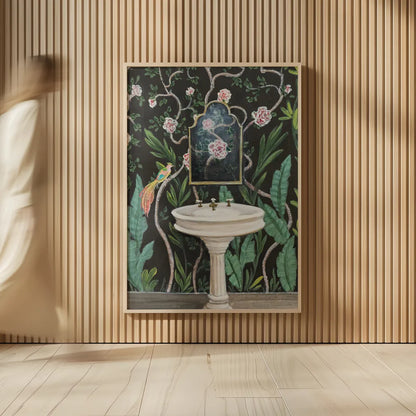 Botanical Bath I by Julia Purinton. shown as over sized large wall art. Available as an archival giclee rolled canvas, fine art paper, or poster print. SKU 84121h.