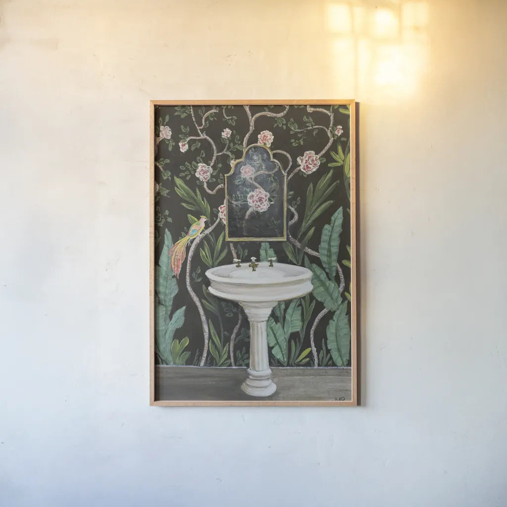 Botanical Bath I by Julia Purinton. shown as a paper print in a natural frame. Available as a archival giclee rolled canvas, fine art paper, or poster print. SKU 84121h.