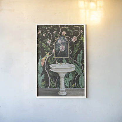 Botanical Bath I by Julia Purinton. shown as a paper print in a white frame. Available as a archival giclee rolled canvas, fine art paper, or poster print. SKU 84121h.
