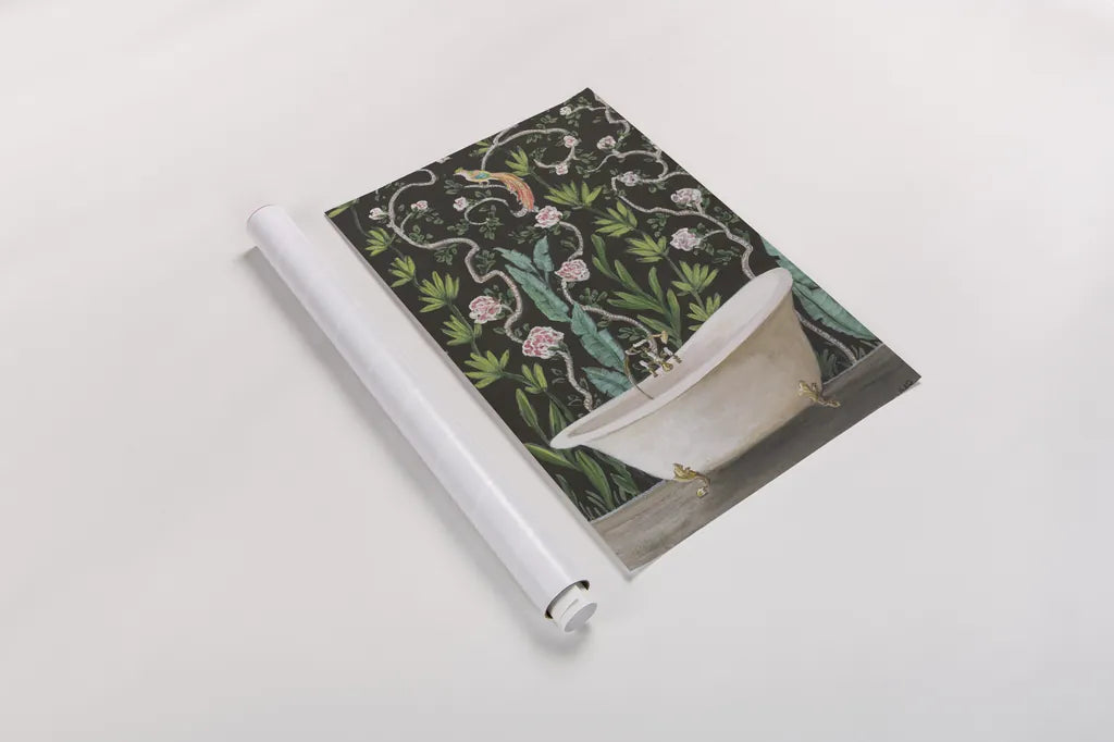 Botanical Bath II by Julia Purinton. shown as a rolled paper print. Available as archival giclee rolled canvas, fine art paper, or poster print. SKU 84122h.