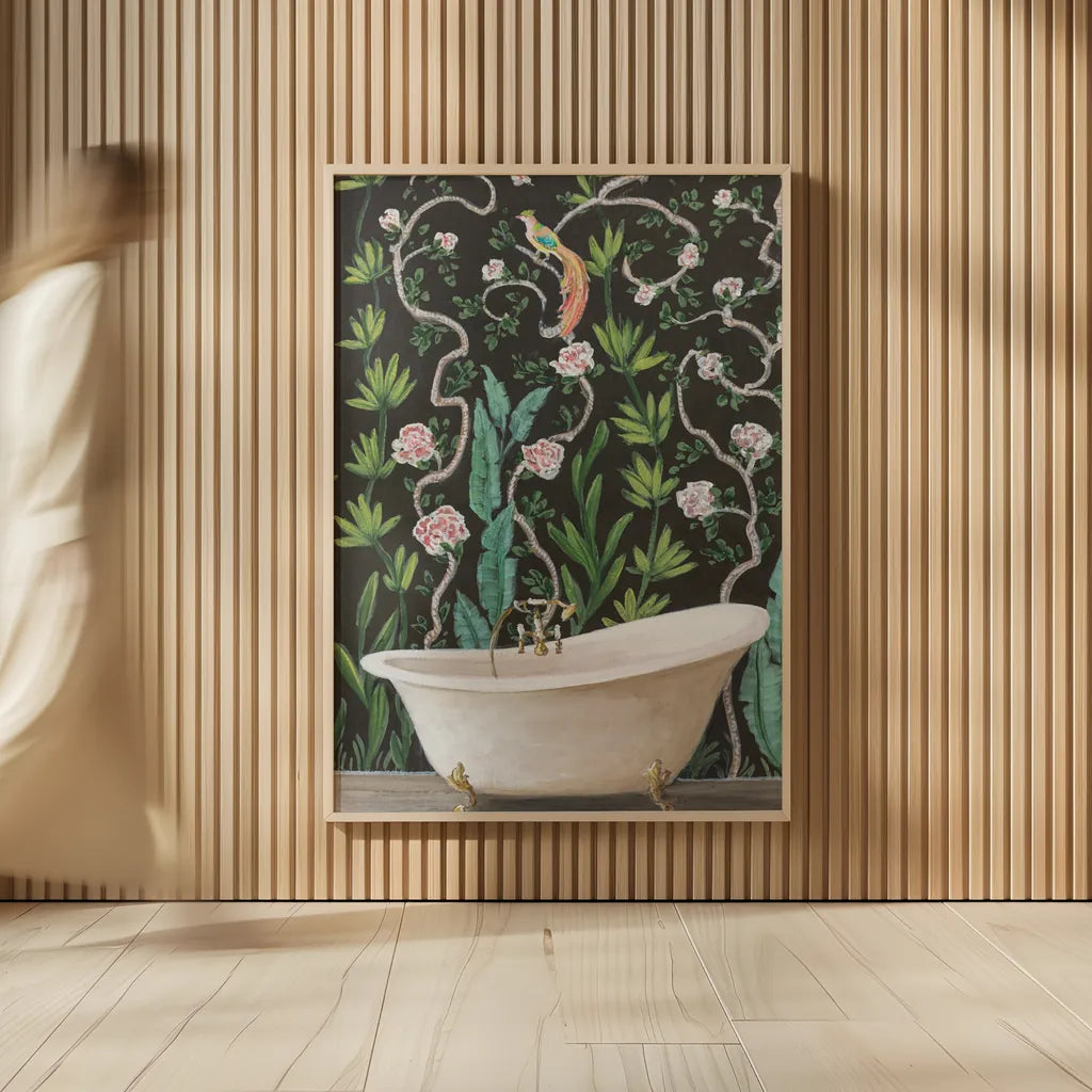 Botanical Bath II by Julia Purinton. shown as over sized large wall art. Available as an archival giclee rolled canvas, fine art paper, or poster print. SKU 84122h.