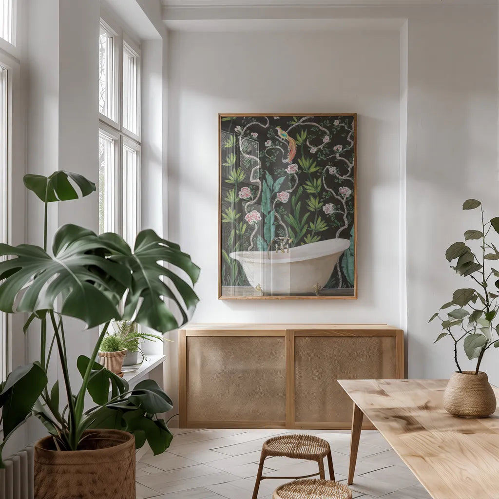 Botanical Bath II by Julia Purinton. shown as a print in a natural wood frame in a dining room. Available as a archival giclee rolled canvas, fine art paper, or poster print. SKU 84122h.