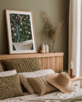 Botanical Bath II by Julia Purinton. shown as a paper print in a natural frame. Available as a archival giclee rolled canvas, fine art paper, or poster print. SKU 84122h.