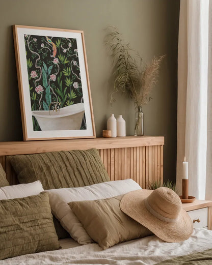 Botanical Bath II by Julia Purinton. shown as a paper print in a natural frame. Available as a archival giclee rolled canvas, fine art paper, or poster print. SKU 84122h.