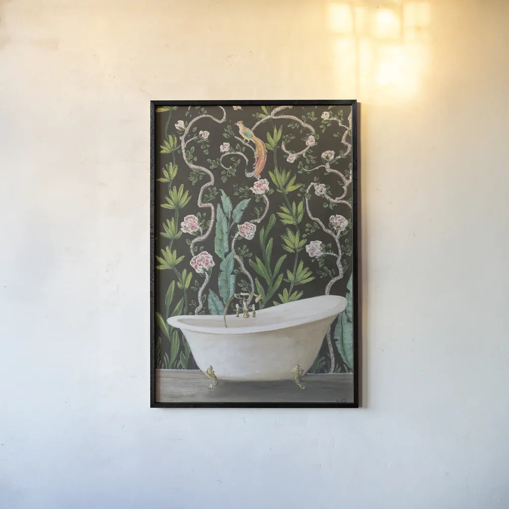 Botanical Bath II by Julia Purinton. shown as a paper print in a black flame. Available as a archival giclee rolled canvas, fine art paper, or poster print. SKU 84122h.