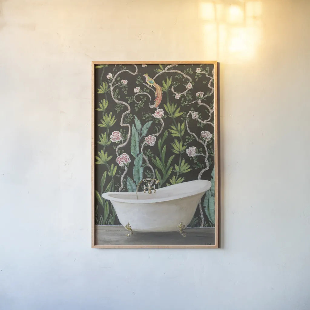 Botanical Bath II by Julia Purinton. shown as a paper print in a natural frame. Available as a archival giclee rolled canvas, fine art paper, or poster print. SKU 84122h.