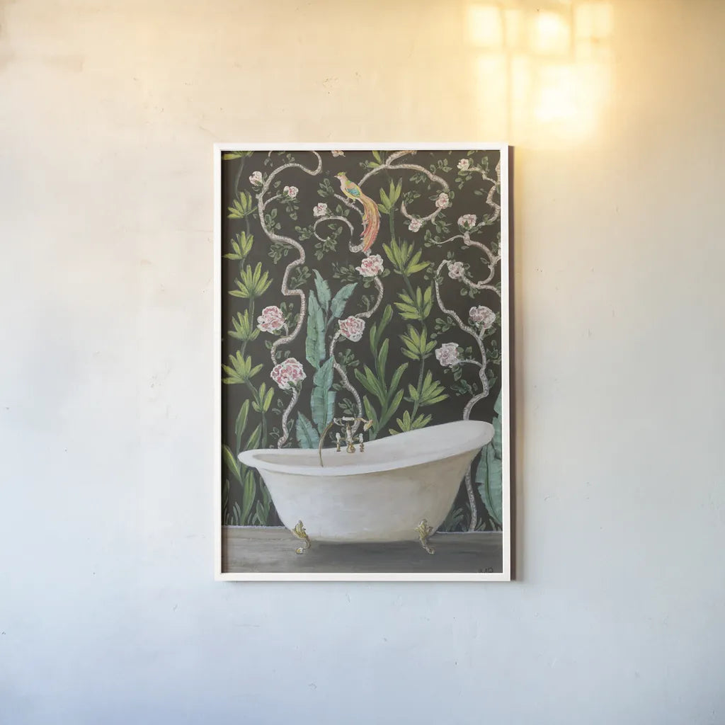 Botanical Bath II by Julia Purinton. shown as a paper print in a white frame. Available as a archival giclee rolled canvas, fine art paper, or poster print. SKU 84122h.