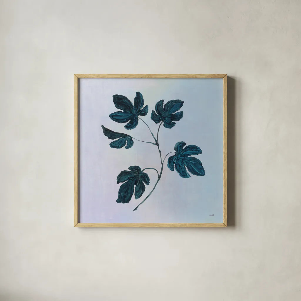 Botanical Study III Blue by Julia Purinton. Shown in a natural wood glass frame for a timeless modern aesthetic. Available as an archival giclee rolled canvas, fine art paper, or poster print. SKU 49723a.