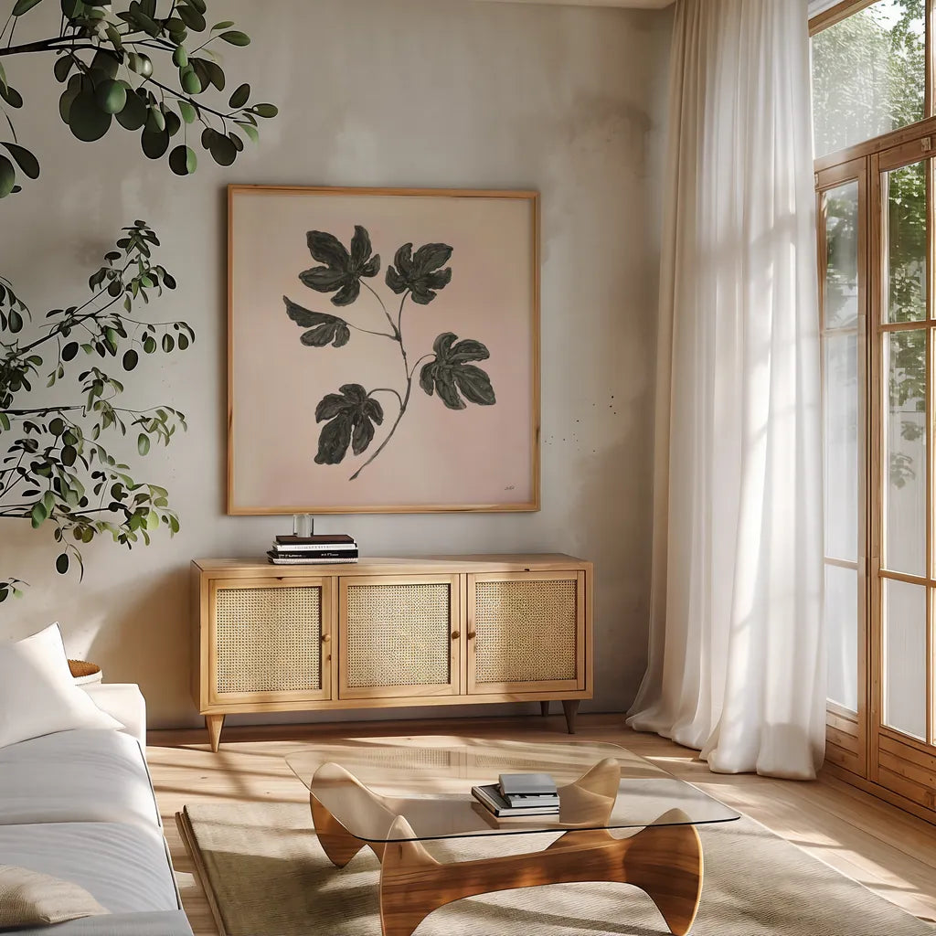 Botanical Study III Blush by Julia Purinton. Shown in a natural wood frame in a cozy modern living room. Available as an archival giclee rolled canvas, fine art paper, or poster print. SKU 49726a.