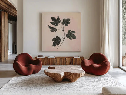 Botanical Study III Blush by Julia Purinton. Shown as extra-large giant wall art in a modern living room. Available as an archival giclee rolled canvas, fine art paper, or poster print. SKU 49726a.