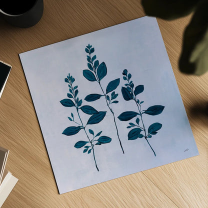 Botanical Study IV Blue by Julia Purinton. Shown as a detailed flat fine art print, highlighting archival giclee quality. Available as an archival giclee rolled canvas, fine art paper, or poster print. SKU 49724a.