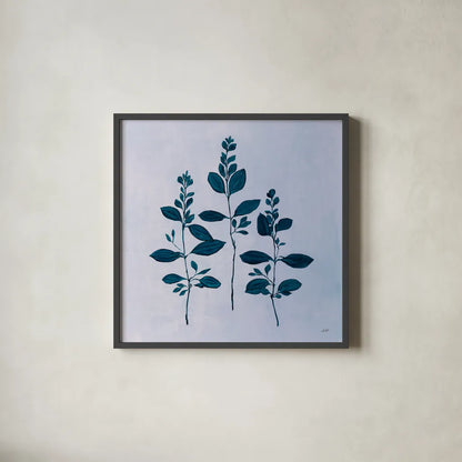 Botanical Study IV Blue by Julia Purinton. Shown in a sleek black glass frame for a contemporary gallery look. Available as an archival giclee rolled canvas, fine art paper, or poster print. SKU 49724a.