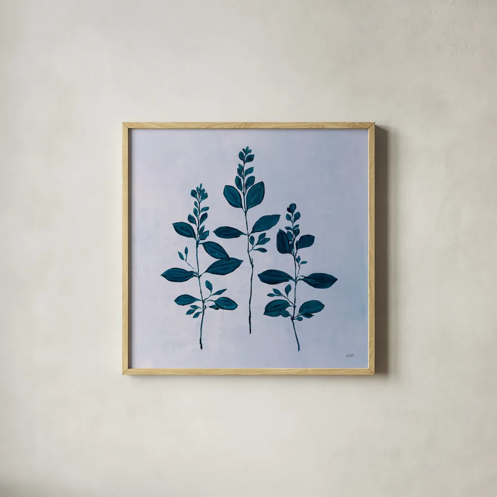 Botanical Study IV Blue by Julia Purinton. Shown in a natural wood glass frame for a timeless modern aesthetic. Available as an archival giclee rolled canvas, fine art paper, or poster print. SKU 49724a.