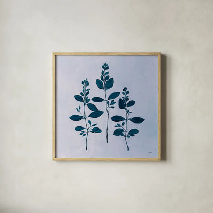 Botanical Study IV Blue by Julia Purinton. Shown in a natural wood glass frame for a timeless modern aesthetic. Available as an archival giclee rolled canvas, fine art paper, or poster print. SKU 49724a.