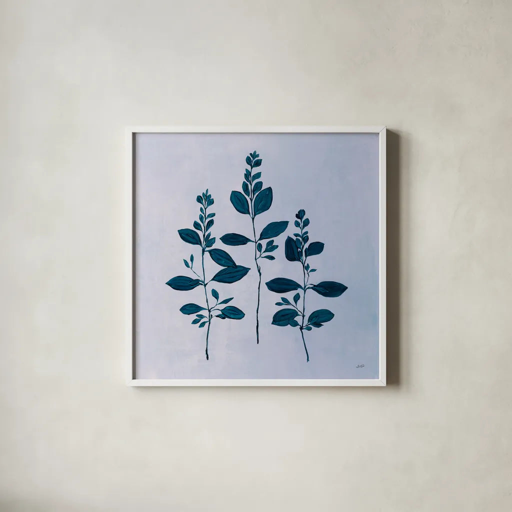 Botanical Study IV Blue by Julia Purinton. Shown in a crisp white glass frame for a clean and minimalist style. Available as an archival giclee rolled canvas, fine art paper, or poster print. SKU 49724a.