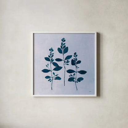Botanical Study IV Blue by Julia Purinton. Shown in a crisp white glass frame for a clean and minimalist style. Available as an archival giclee rolled canvas, fine art paper, or poster print. SKU 49724a.