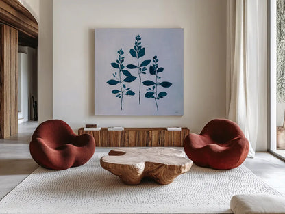 Botanical Study IV Blue by Julia Purinton. Shown as extra-large giant wall art in a modern living room. Available as an archival giclee rolled canvas, fine art paper, or poster print. SKU 49724a.