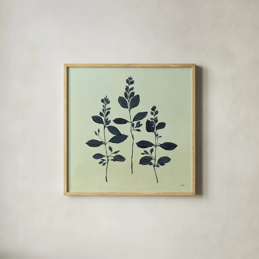 Botanical Study IV Sage by Julia Purinton. Shown in a natural wood glass frame for a timeless modern aesthetic. Available as an archival giclee rolled canvas, fine art paper, or poster print. SKU 49728a.
