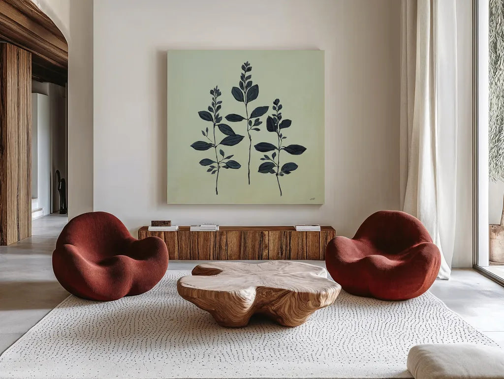 Botanical Study IV Sage by Julia Purinton. Shown as extra-large giant wall art in a modern living room. Available as an archival giclee rolled canvas, fine art paper, or poster print. SKU 49728a.