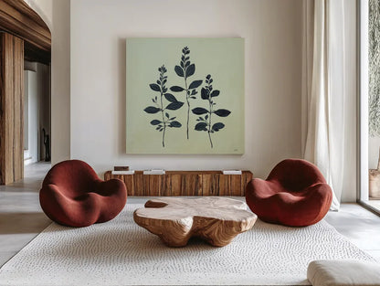 Botanical Study IV Sage by Julia Purinton. Shown as extra-large giant wall art in a modern living room. Available as an archival giclee rolled canvas, fine art paper, or poster print. SKU 49728a.