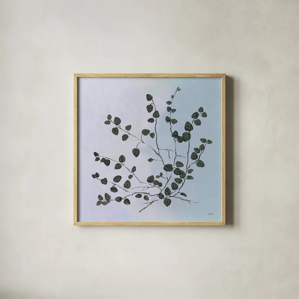Botanical Study VII Blue by Julia Purinton. Shown in a natural wood glass frame for a timeless modern aesthetic. Available as an archival giclee rolled canvas, fine art paper, or poster print. SKU 49725a.