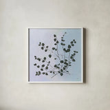 Botanical Study VII Blue by Julia Purinton. Shown in a crisp white glass frame for a clean and minimalist style. Available as an archival giclee rolled canvas, fine art paper, or poster print. SKU 49725a.