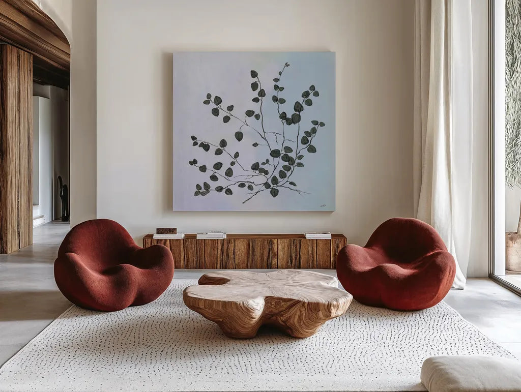 Botanical Study VII Blue by Julia Purinton. Shown as extra-large giant wall art in a modern living room. Available as an archival giclee rolled canvas, fine art paper, or poster print. SKU 49725a.