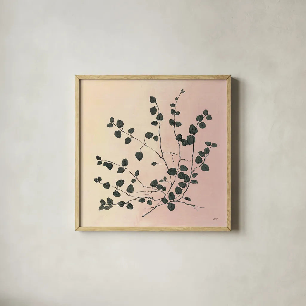Botanical Study VII Blush by Julia Purinton. Shown in a natural wood glass frame for a timeless modern aesthetic. Available as an archival giclee rolled canvas, fine art paper, or poster print. SKU 49727a.