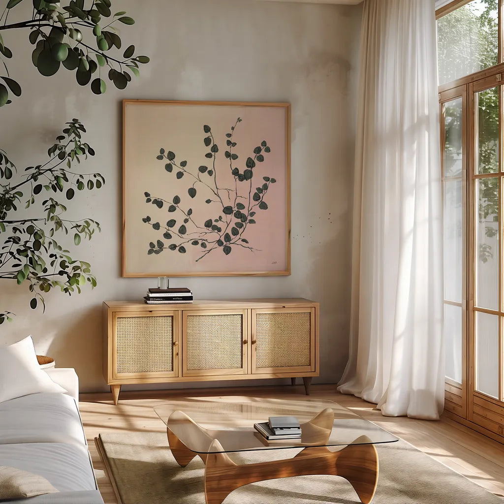 Botanical Study VII Blush by Julia Purinton. Shown in a natural wood frame in a cozy modern living room. Available as an archival giclee rolled canvas, fine art paper, or poster print. SKU 49727a.
