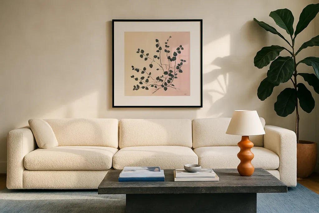 Botanical Study VII Blush by Julia Purinton. Displayed in a glass frame with matte in a clean modern living room. Available as an archival giclee rolled canvas, fine art paper, or poster print. SKU 49727a.