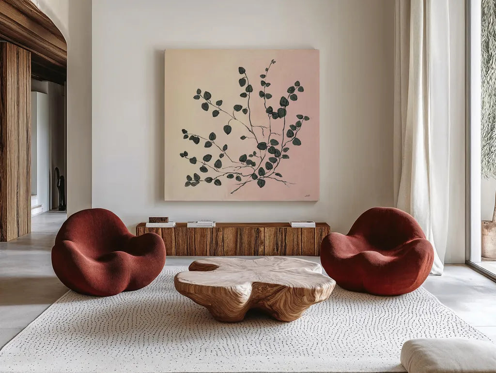Botanical Study VII Blush by Julia Purinton. Shown as extra-large giant wall art in a modern living room. Available as an archival giclee rolled canvas, fine art paper, or poster print. SKU 49727a.