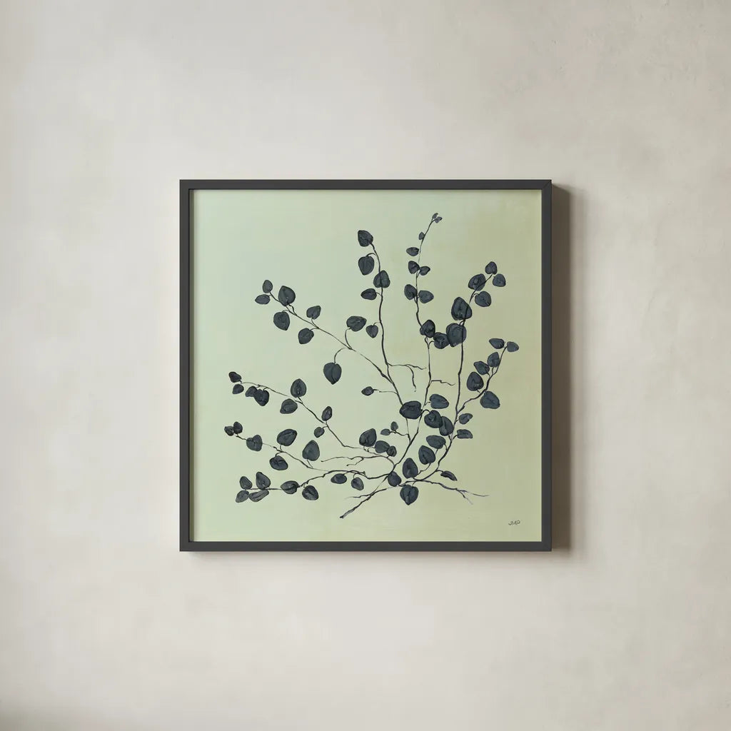 Botanical Study VII Sage by Julia Purinton. Shown in a sleek black glass frame for a contemporary gallery look. Available as an archival giclee rolled canvas, fine art paper, or poster print. SKU 49729a.
