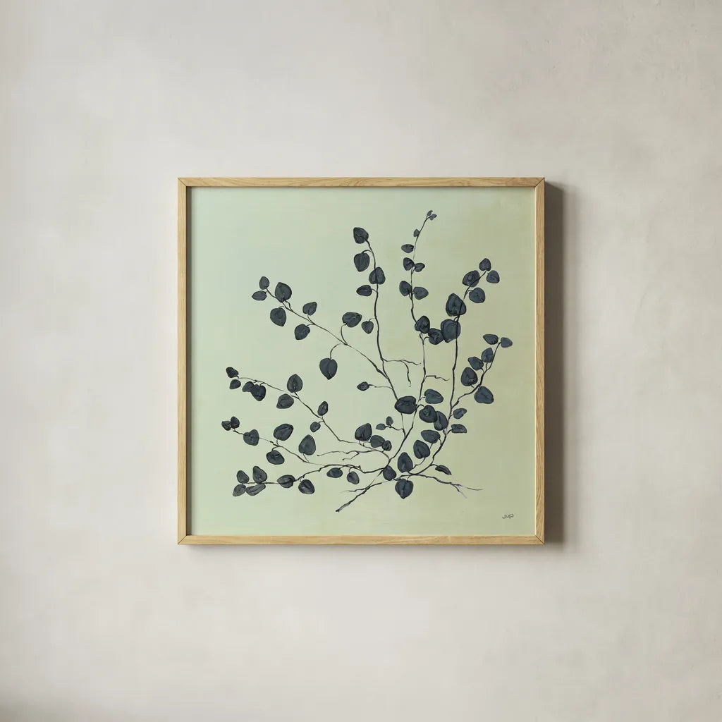 Botanical Study VII Sage by Julia Purinton. Shown in a natural wood glass frame for a timeless modern aesthetic. Available as an archival giclee rolled canvas, fine art paper, or poster print. SKU 49729a.