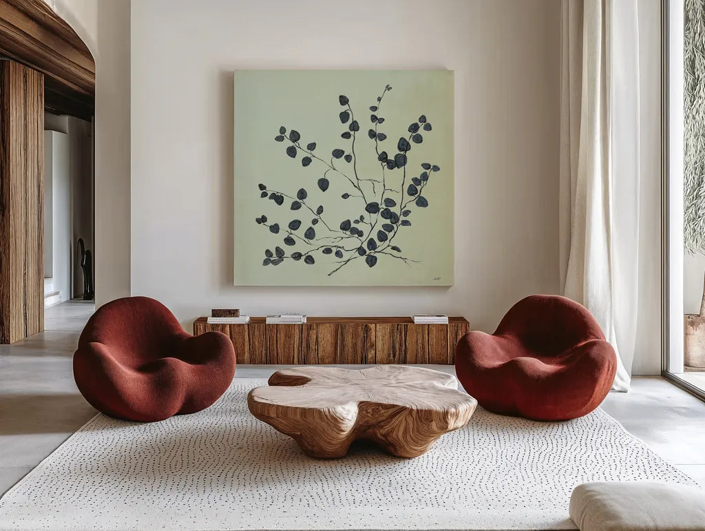 Botanical Study VII Sage by Julia Purinton. Shown as extra-large giant wall art in a modern living room. Available as an archival giclee rolled canvas, fine art paper, or poster print. SKU 49729a.