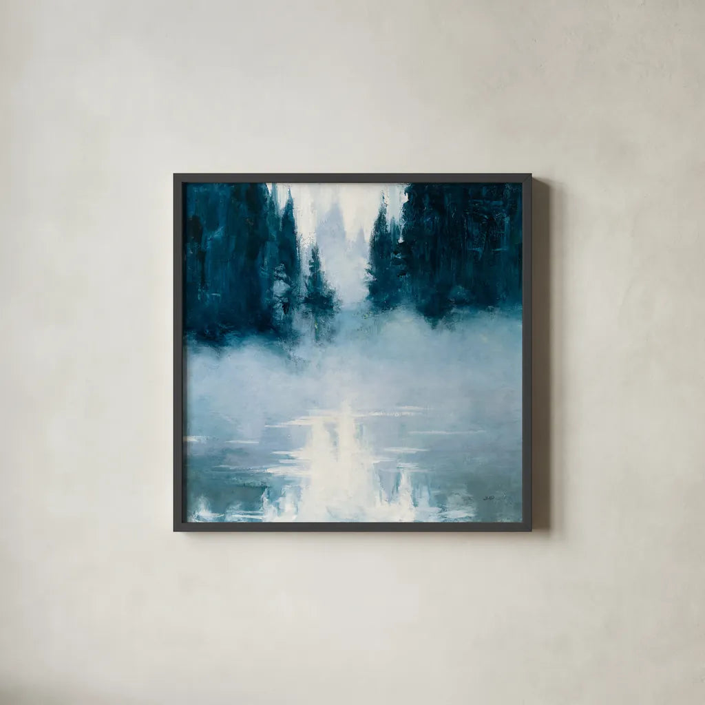 Boundary Waters by Julia Purinton. Shown in a sleek black glass frame for a contemporary gallery look. Available as an archival giclee rolled canvas, fine art paper, or poster print. SKU 60268a.