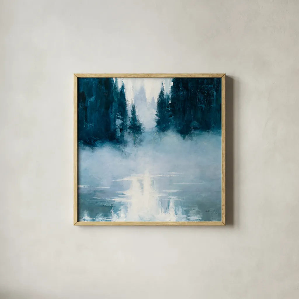 Boundary Waters by Julia Purinton. Shown in a natural wood glass frame for a timeless modern aesthetic. Available as an archival giclee rolled canvas, fine art paper, or poster print. SKU 60268a.