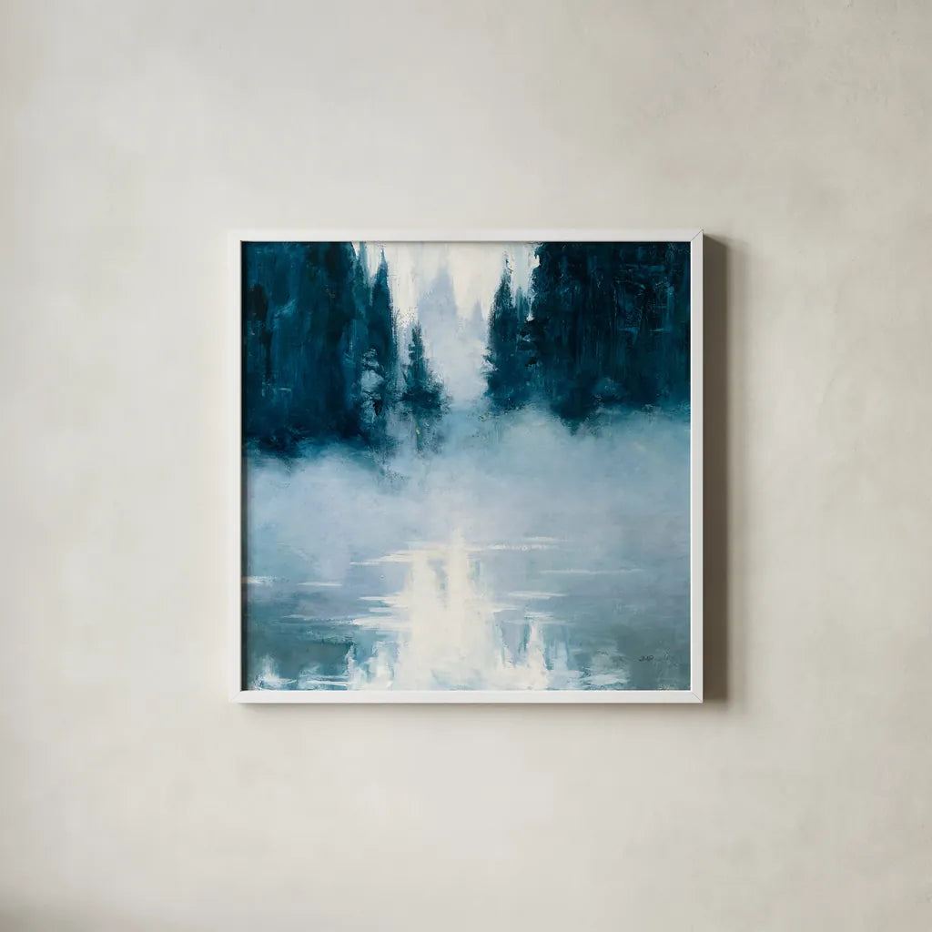 Boundary Waters by Julia Purinton. Shown in a crisp white glass frame for a clean and minimalist style. Available as an archival giclee rolled canvas, fine art paper, or poster print. SKU 60268a.