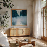Boundary Waters by Julia Purinton. Shown in a natural wood frame in a cozy modern living room. Available as an archival giclee rolled canvas, fine art paper, or poster print. SKU 60268a.