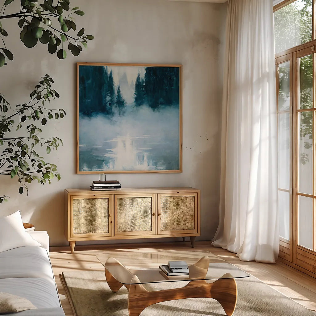 Boundary Waters by Julia Purinton. Shown in a natural wood frame in a cozy modern living room. Available as an archival giclee rolled canvas, fine art paper, or poster print. SKU 60268a.