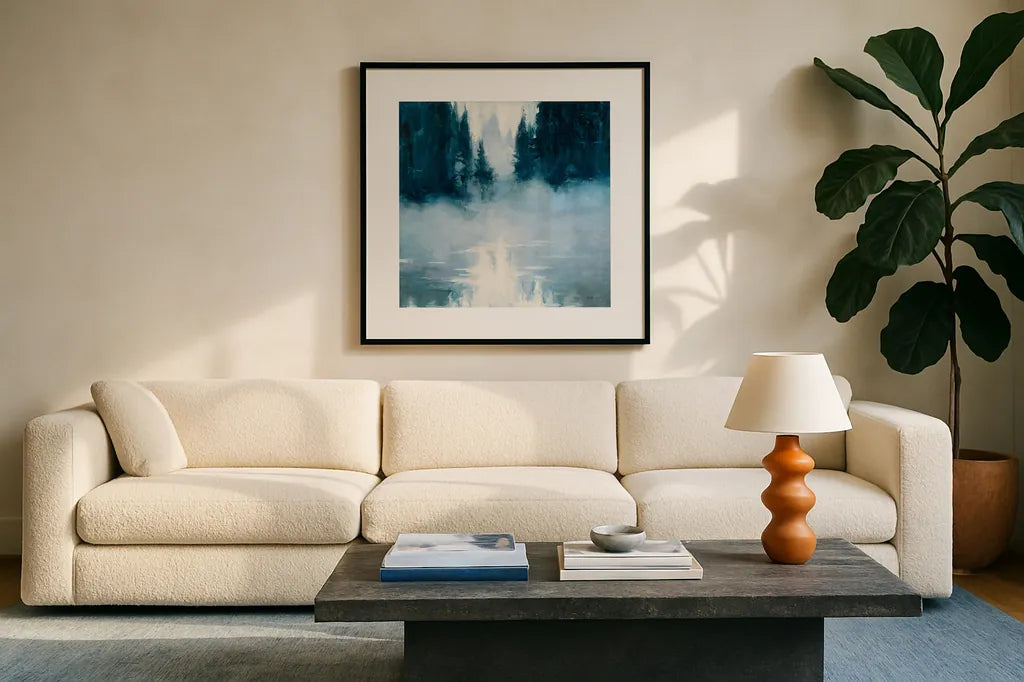 Boundary Waters by Julia Purinton. Displayed in a glass frame with matte in a clean modern living room. Available as an archival giclee rolled canvas, fine art paper, or poster print. SKU 60268a.