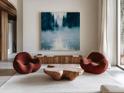 Boundary Waters by Julia Purinton. Shown as extra-large giant wall art in a modern living room. Available as an archival giclee rolled canvas, fine art paper, or poster print. SKU 60268a.