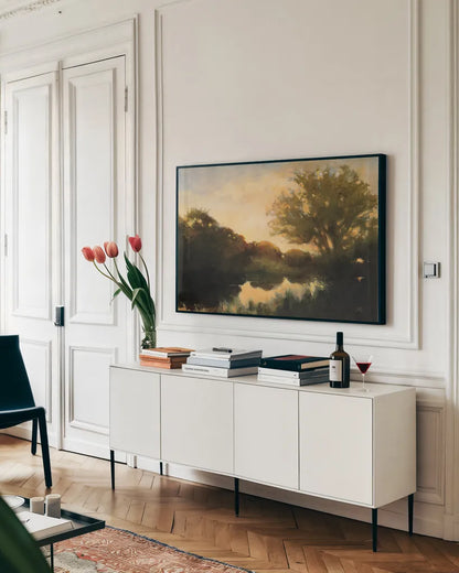 Breaking Dawn by Julia Purinton. shown as a framed stretched canvas in a living room above a console. Available as a archival giclee rolled canvas, fine art paper, or poster print. SKU 37724i.